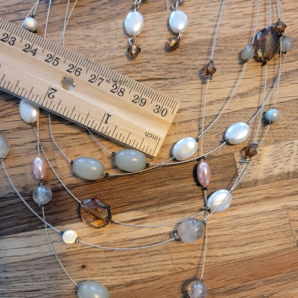 Beaded Necklace & Earring Set w Silver, White, and Amber Colors - Picture 11 of 13